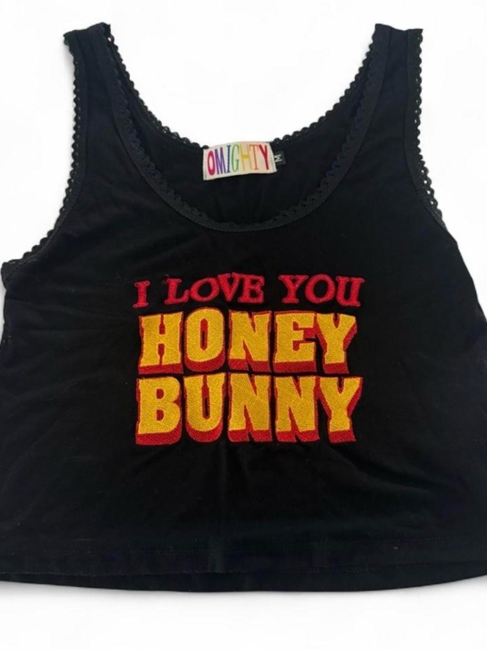 omighty Black Crop Tank with Red and Yellow 'I Love You Honey Bunny' Applique
